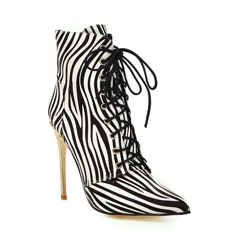 Zebra Print Women's Lace-Up Pointed Toe Gold Metal Stiletto Heel Martin Ankle Boots