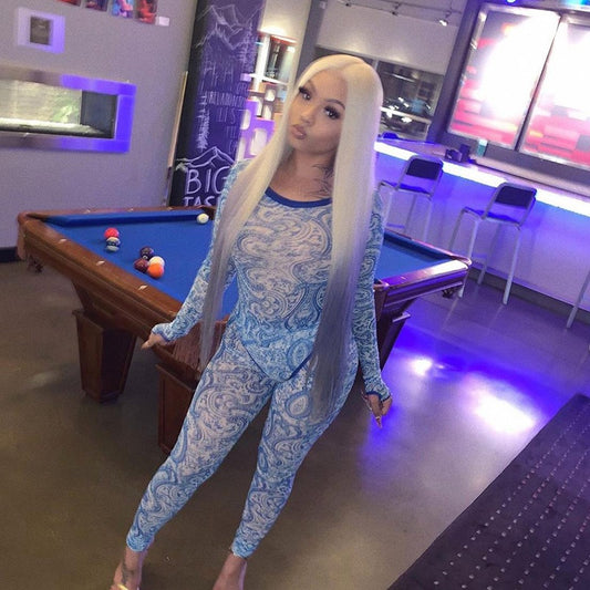 Paisley Mesh Baby Blue Sheer Transparent Printed Long Sleeve Women's Skinny Jumpsuit