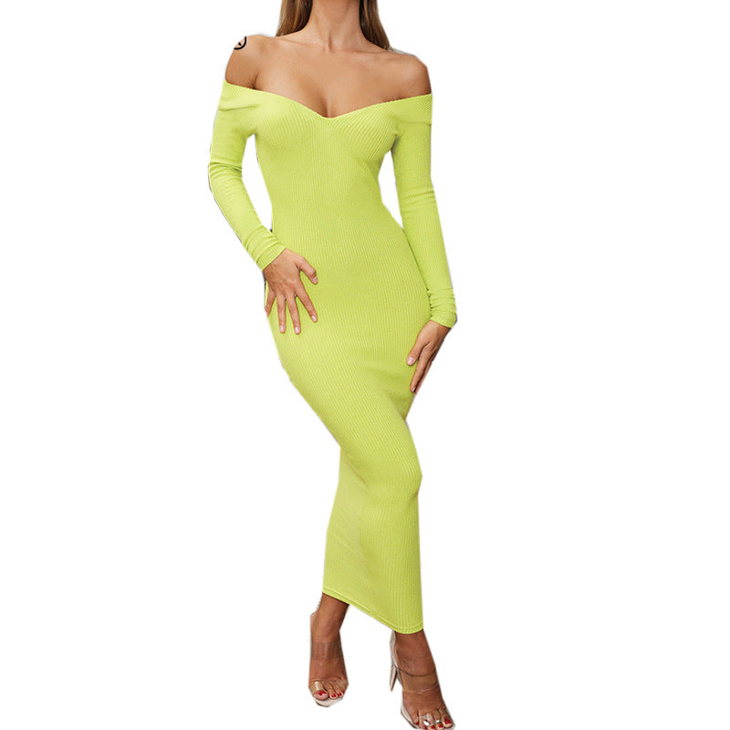 Ribbed Long Sleeve Solid Color Off-the-Shoulder V-Neck Maxi Dress