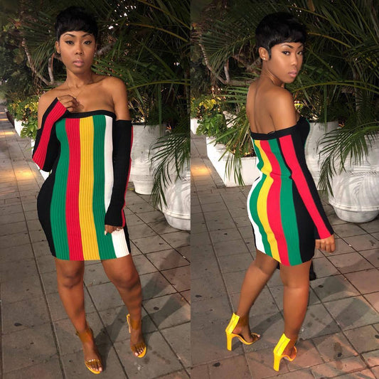 Rainbow Striped Colorblock Panelled Off-the-Shoulder Long Sleeve Mini Dress