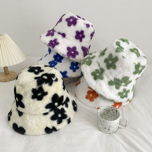 Big Flower Print Plush Bucket Hat