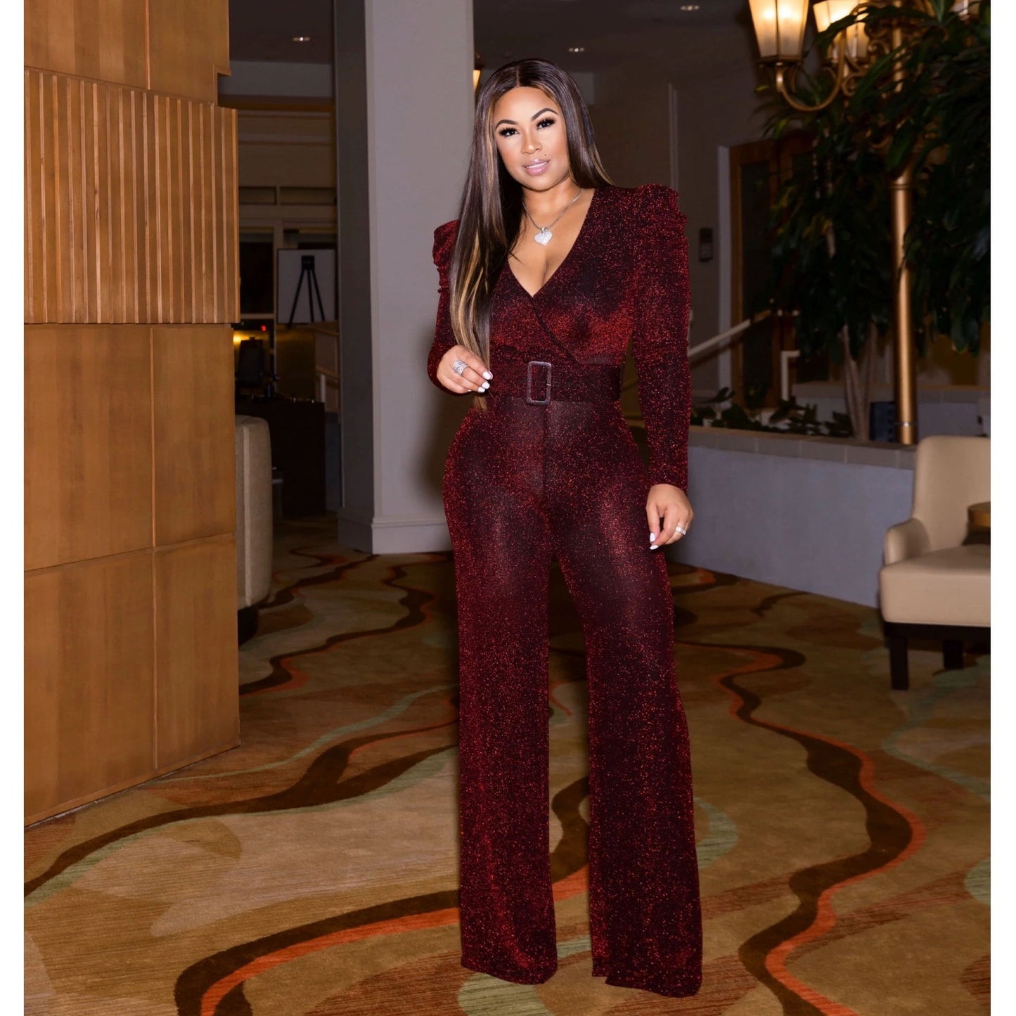 Sparkling Metallic Glitter Design Long Puff Sleeve Deep V-Neck Belted Women's Formal Jumpsuit