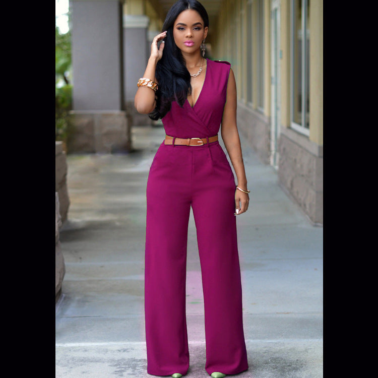 Ruched Sleeveless Deep V-Neck Solid Color Women's Jumpsuit