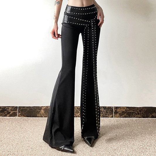 Black Rivet Design Flared Leg Women's Pants w/ Hanging Sash Belt