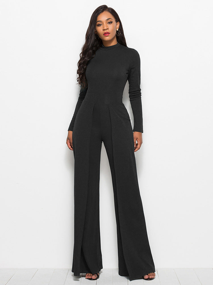 O-Neck Solid Color Long Sleeve Women's Wide Leg Jumpsuit
