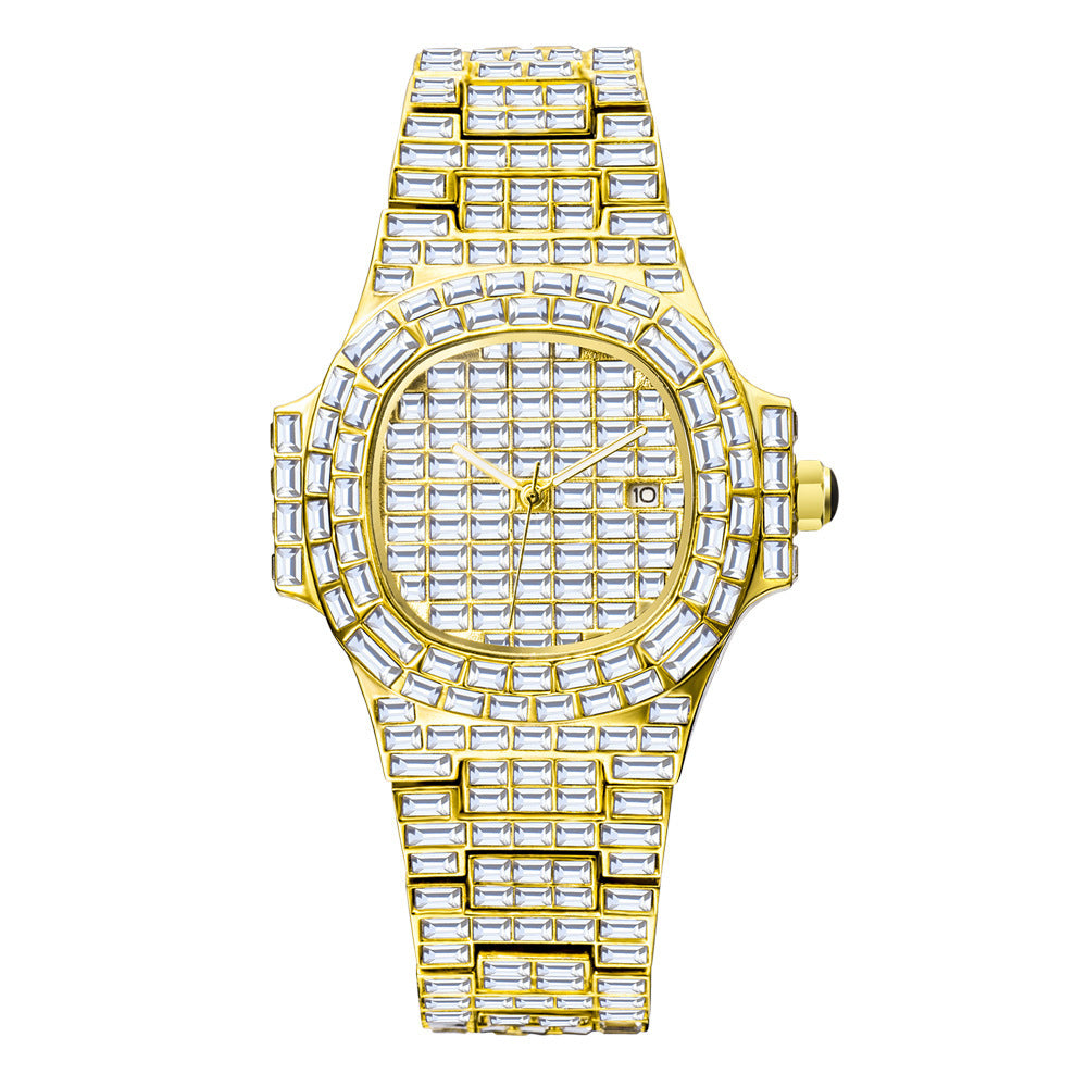 Men's Sparkling Iced Out Square Hot Drill Diamond Gold/Silver High Grade Waterproof Calendar Watch