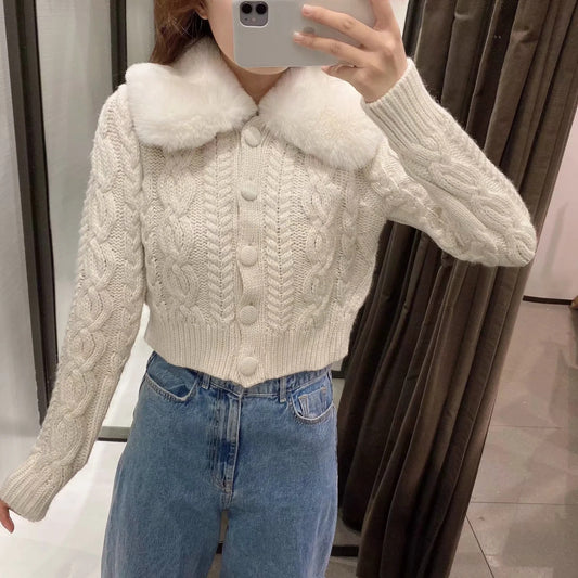 Weave Faux Fur Collar Knitted Long Sleeve Women's Button-Up Short Cardigan Sweater