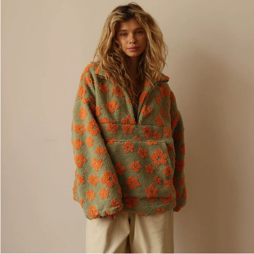 Fleece Lambskin Big Flower Print Pocketed Loose Pullover Long Sleeve Women's Zipper Sweatshirt