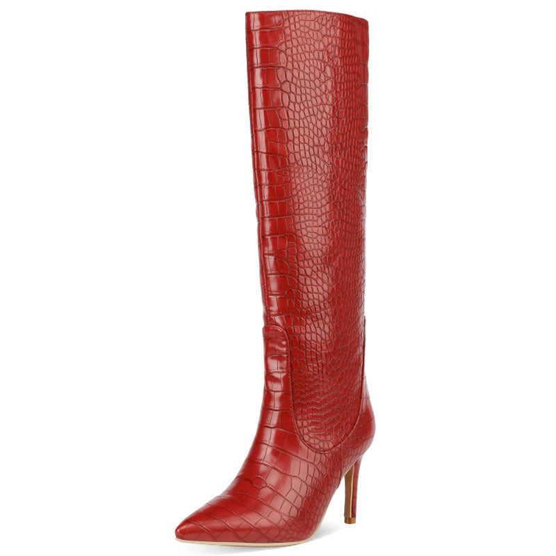 Tall Croc Pattern Pointed Toe Knee-High Women's High Heel Knight Boots