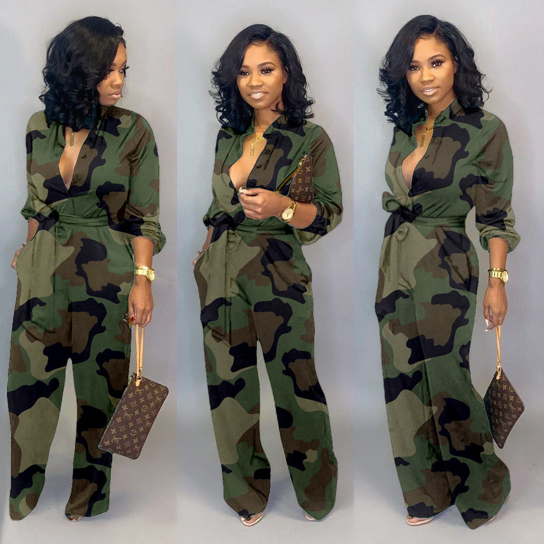 Camoflauge V-Neck Long Sleeve Women's Wide Leg Jumpsuit