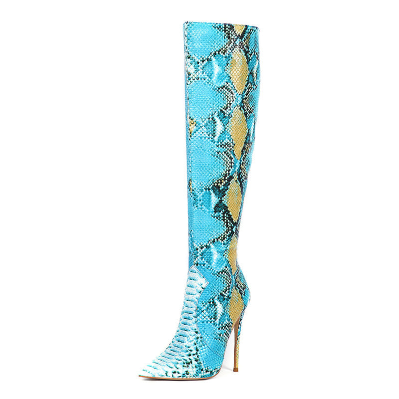 Colorblock Snakeskin Print Women's Stiletto Heel Knee High Boots