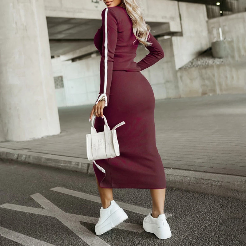 Side Striped Women's Skin Tight Long Sleeve Shirt + Bodycon Front Slit Maxi Skirt 2-Piece Set