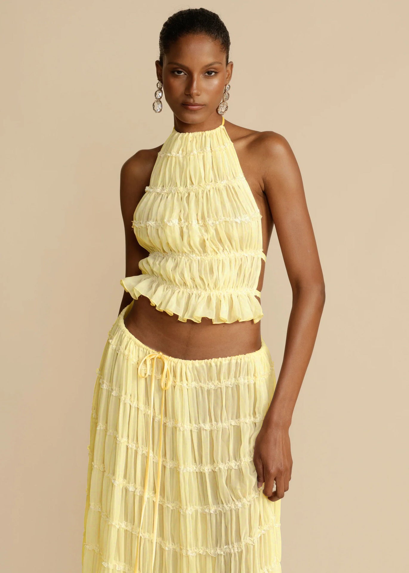 Sleeveless Backless Crop Halter Top + Pleated Tiered Maxi Skirt Beach 2-Piece Set