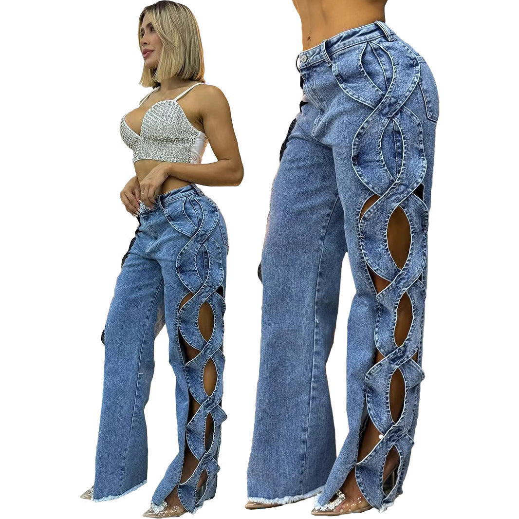 Denim Faded Washed Criss-Cross Side Hollow-Out Pattern Women's Jeans
