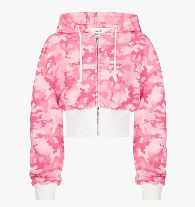 Camoflauge Long Sleeve Crop Zipper Hoodie Sweat Jacket + Drawstring Sweatpants Women's Tracksuit