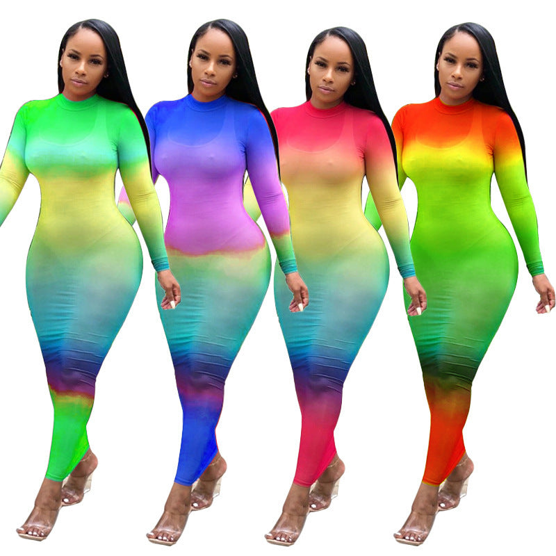 Rainbow Pastel Gradient Colorblock Print Sheer Transparent Long Sleeve Maxi Dress