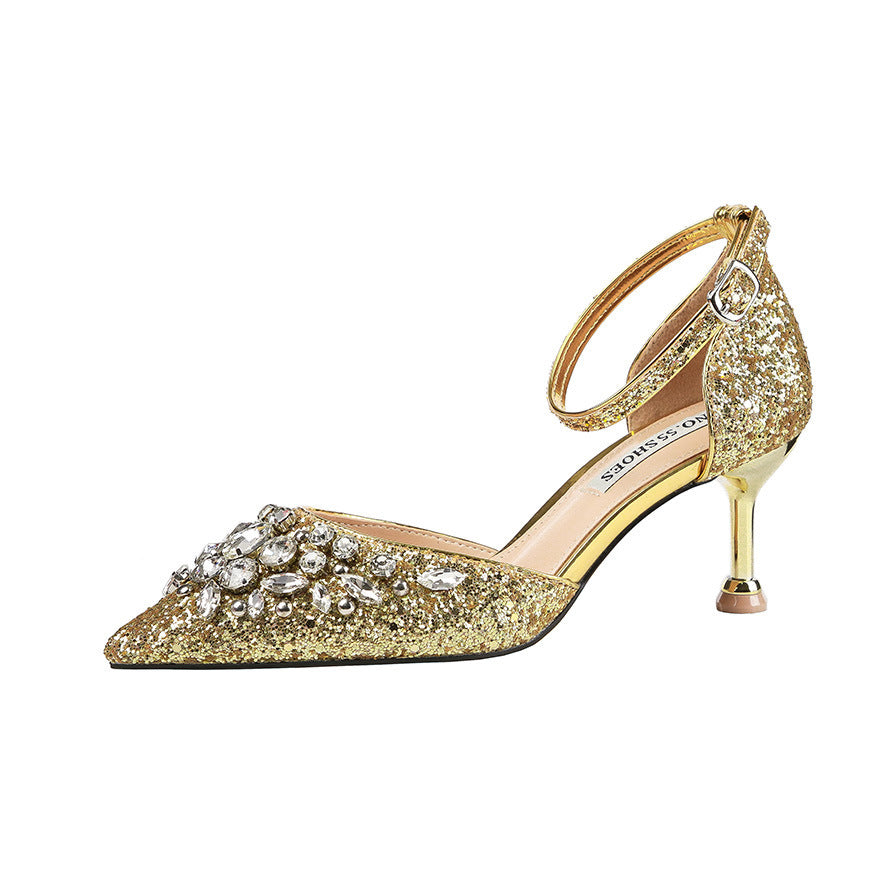 Rhinestone Metallic Glitter Slingback Ankle Strap Women's Pointed Toe High Heel Mule Pumps