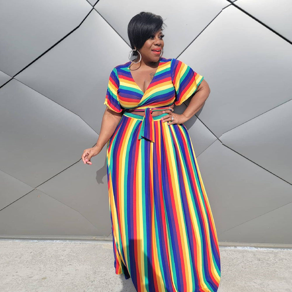 Rainbow Striped Lace-Up Women's Short Sleeve Crop Top + Maxi Skirt Skirt 2-Piece Set to 5X Plus Size