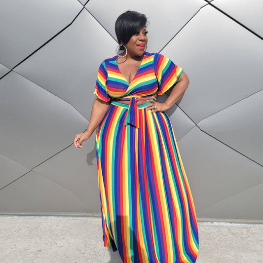 Rainbow Striped Lace-Up Women's Short Sleeve Crop Top + Maxi Skirt Skirt 2-Piece Set to 5X Plus Size
