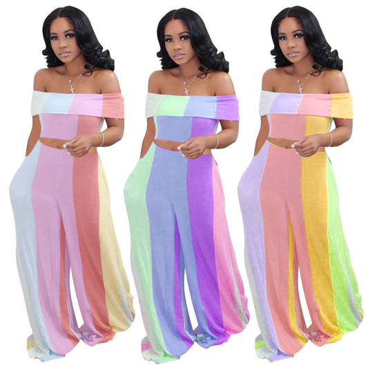 Pastel Striped Colorblock Women's Off-the-Shoulder Crop Top + Wide Leg Loose Leggings 2-Piece Set to 4X Plus Size
