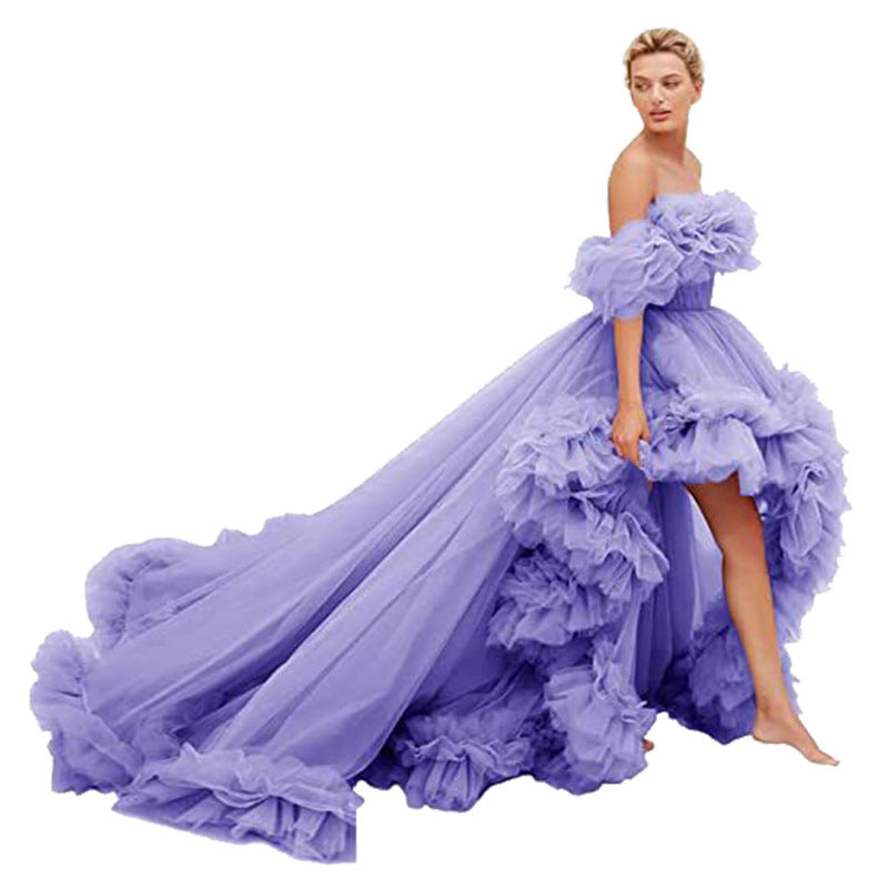 Oversized Ruffled High Low Tulle Off-the-Shoulder Long Tail Party/Prom/ Photoshoot Evening Gown Formal Dress