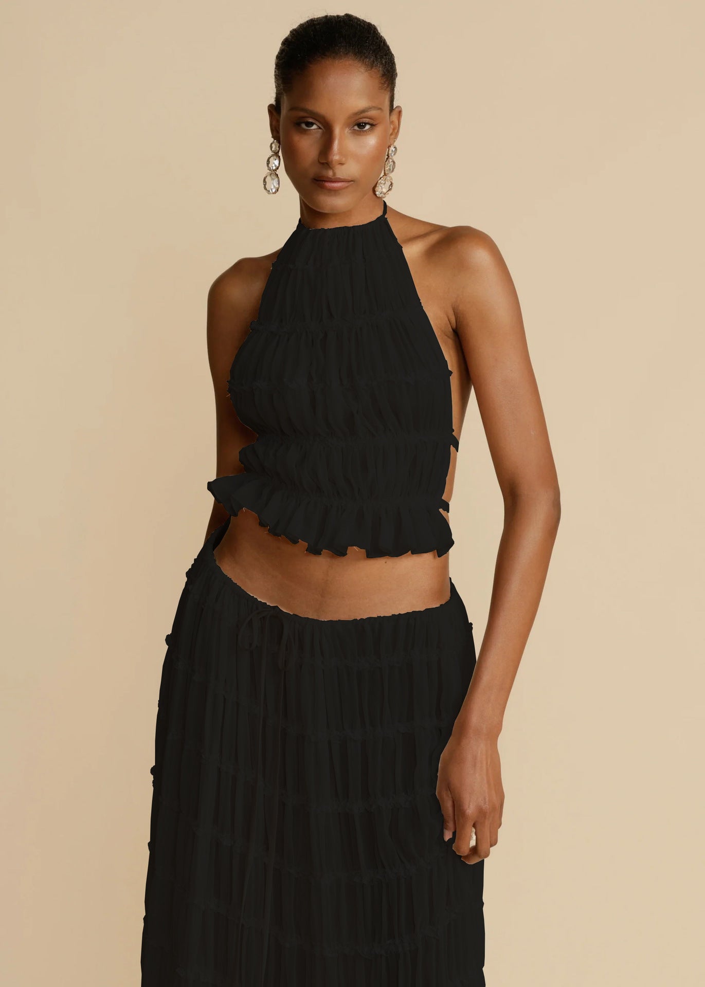 Sleeveless Backless Crop Halter Top + Pleated Tiered Maxi Skirt Beach 2-Piece Set