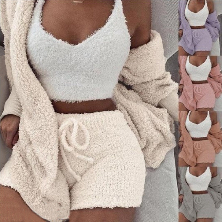 Fleece Solid Color Open Women's Long Sleeve Maxi Cardigan w/ Sash Belt, Crop Tank Top + Drawstring Shorts 3-Piece Knitted Pajamas Set