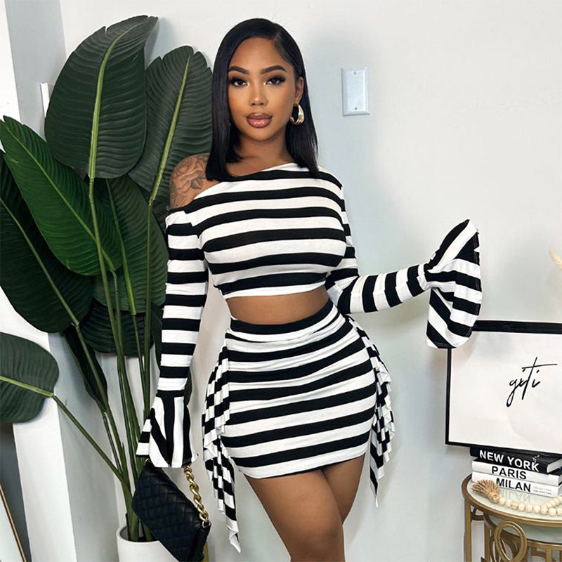 Black/White Off-the-Shoulder Striped Long Sleeve Crop Top + Mini Skirt Women's 2-Piece Set