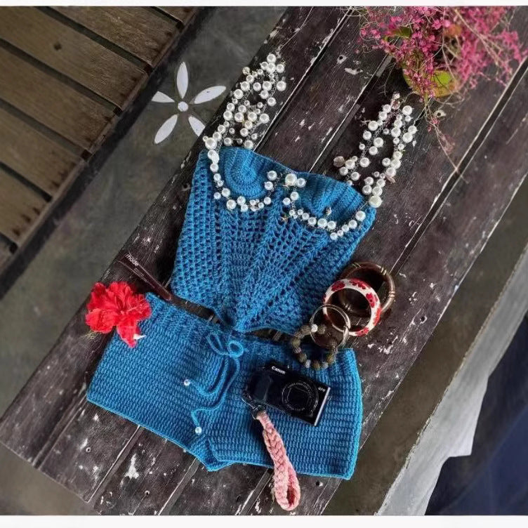 Crochet Pearl Beaded Spaghetti Strap Crop Tank Top + Mini Shorts Women's 2-Piece Knitted Set