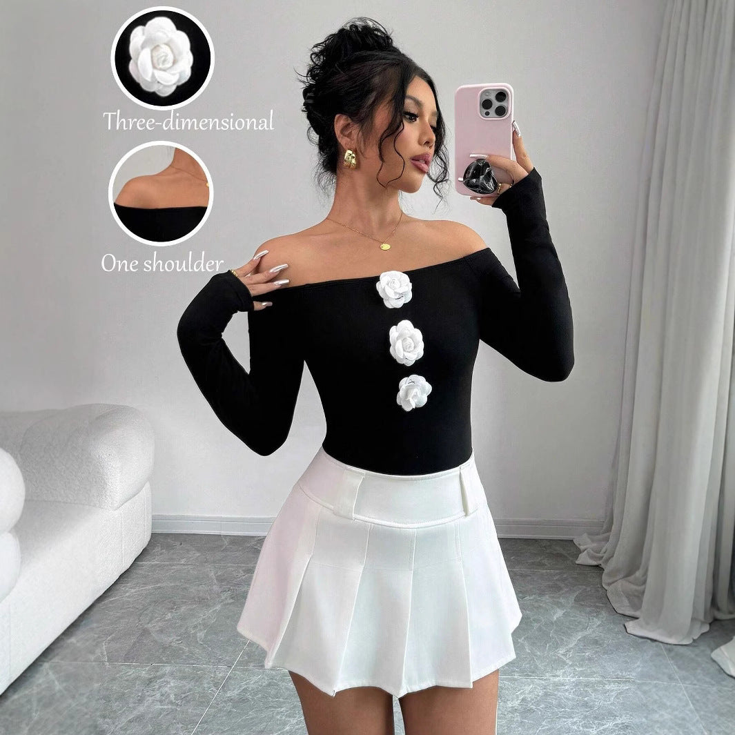 Black Off-the-Shoulder 3D White Floral Embroidered Skinny Long Sleeve Women's Shirt