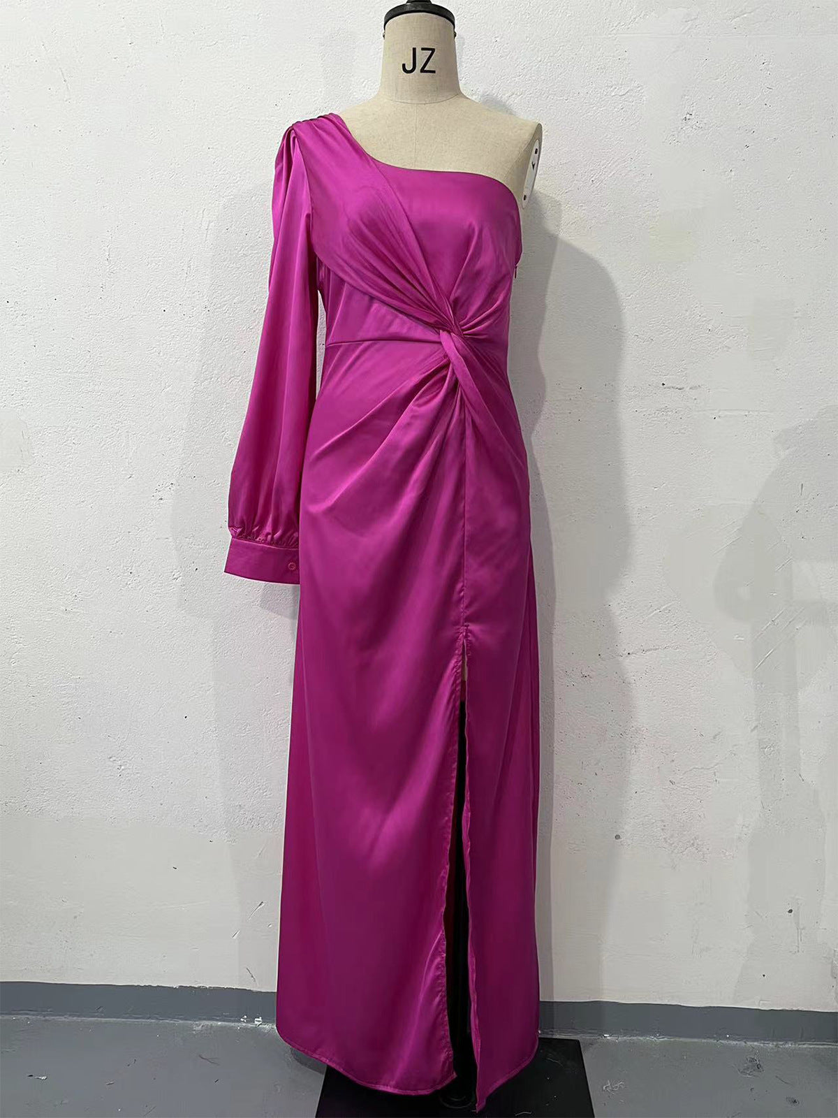 Satin Asymmetrical One Shoulder High Side Slit Long Sleeve Party Evening Formal Maxi Dress to 3X Plus Size-13 Colors