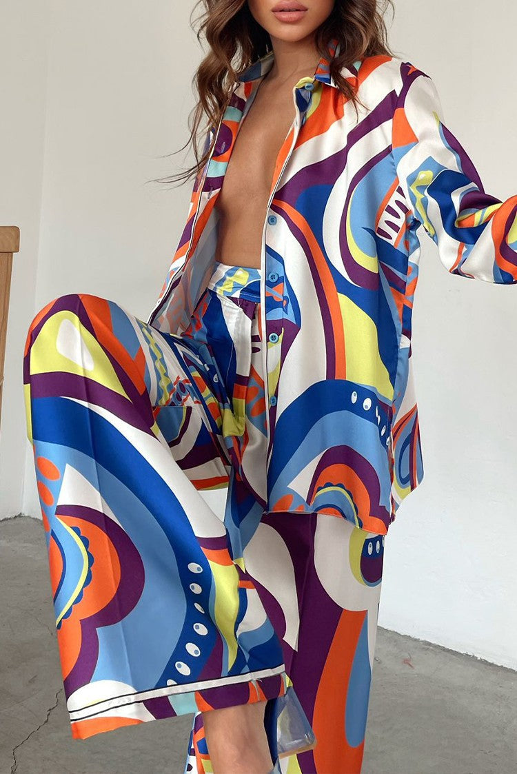 Geometric Multi-Colored Print Women's Turn-Down Collar Long Sleeve Blouse + Straight Leg Pants 2-Piece Set