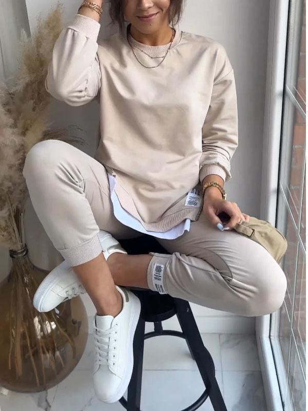 O-Neck Long Sleeve Women's Side Slit Design Sweatshirt + Skinny Sweatpants 2-Piece Set to 5X Plus Size