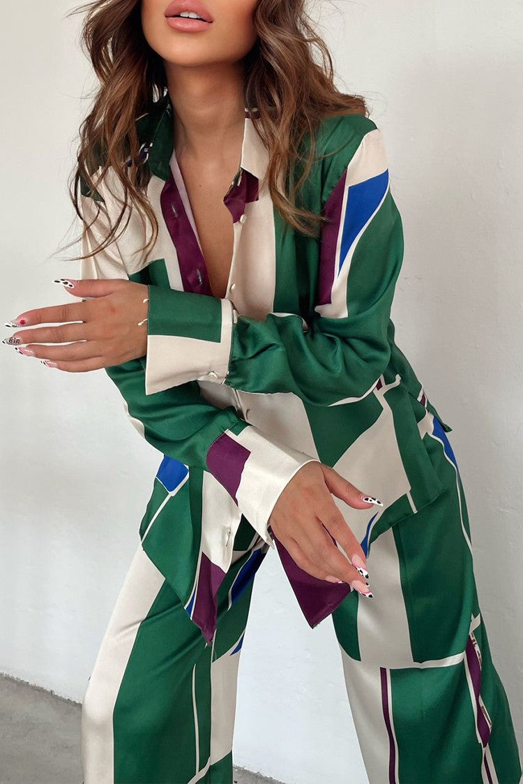 Geometric Multi-Colored Print Women's Turn-Down Collar Long Sleeve Blouse + Straight Leg Pants 2-Piece Set