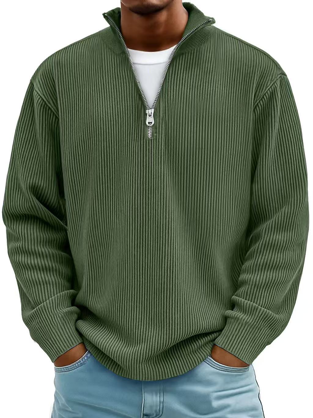 Men's Corduroy Stand Collar Solid Color Long Sleeve Quarter Zip Sweatshirt