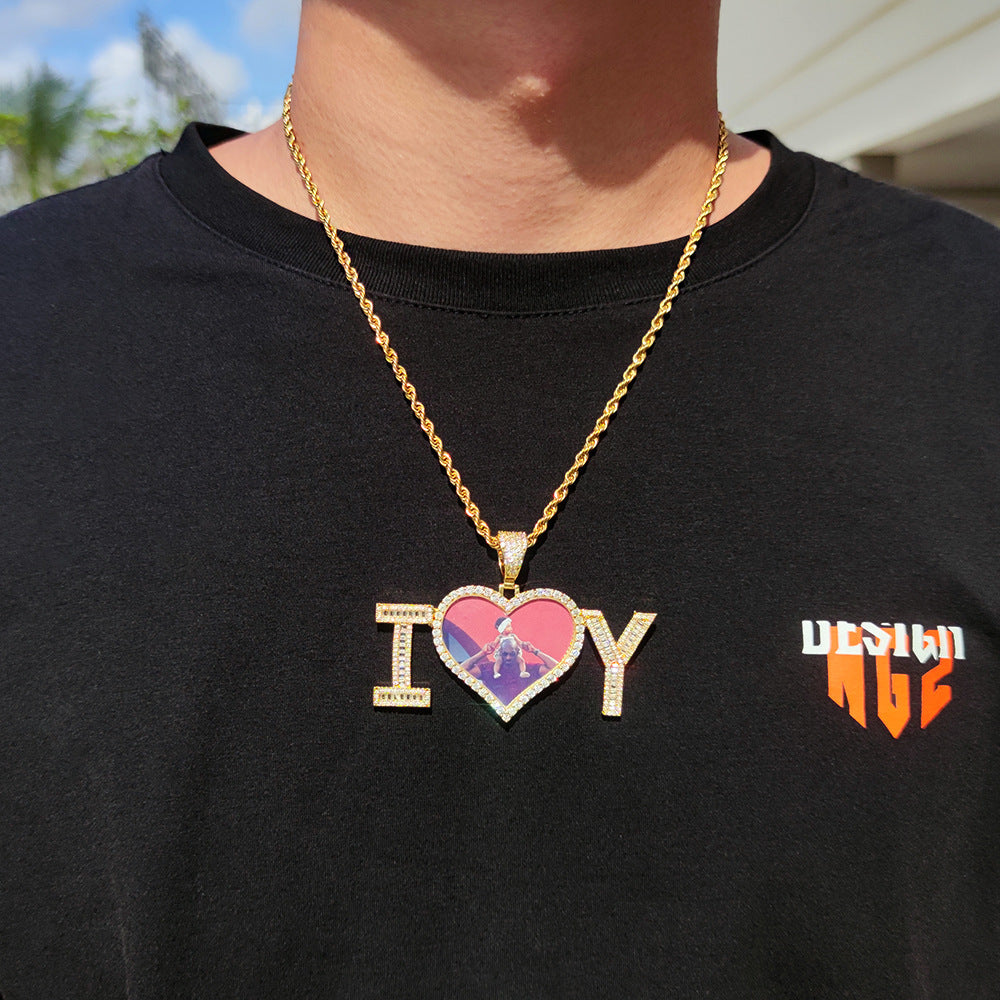 Customized Cubic Zirconia Letter Patchwork Heart Photo Pendant Chain Necklace