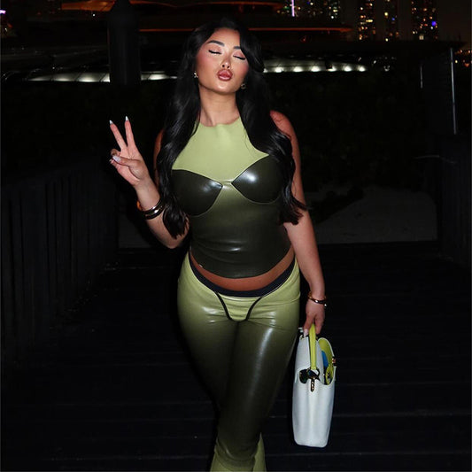 Sleeveless Gradient Colorblock Corset Design Women's Crop Vest + Skin Tight Leggings 2-Piece Set