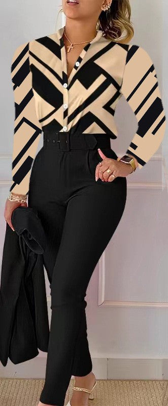 Floral/Geometric/Baroque/Colorblock Gradient Print Long Sleeve Blouse + Solid Color Pants w/ Belt 2-Piece Office Attire Set
