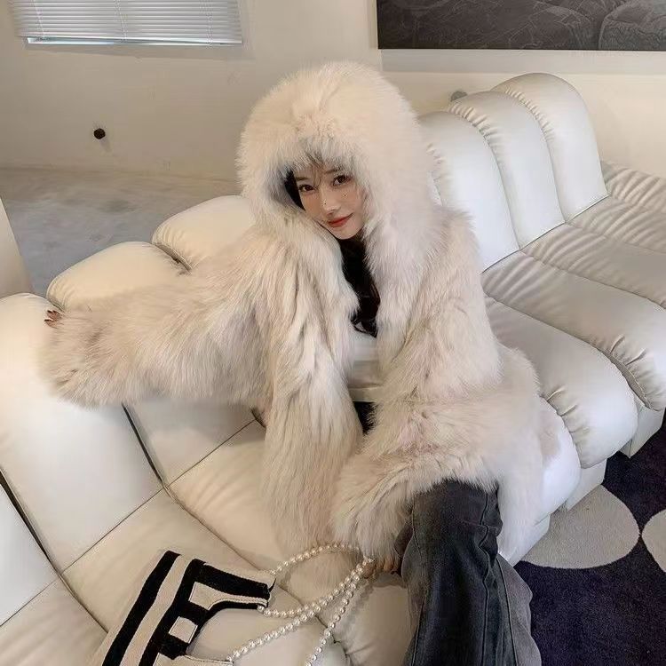 Shaggy Faux Fur Long Sleeve Women's Streetwear Hooded Jacket