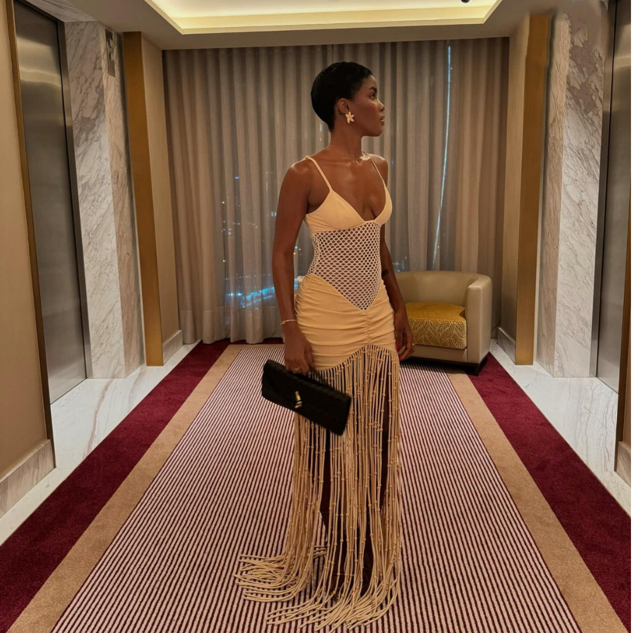 Champagne Mesh Net Hanging Tassel Fringe Design Sleeveless V-Neck Spaghetti Strap Formal Party Dress