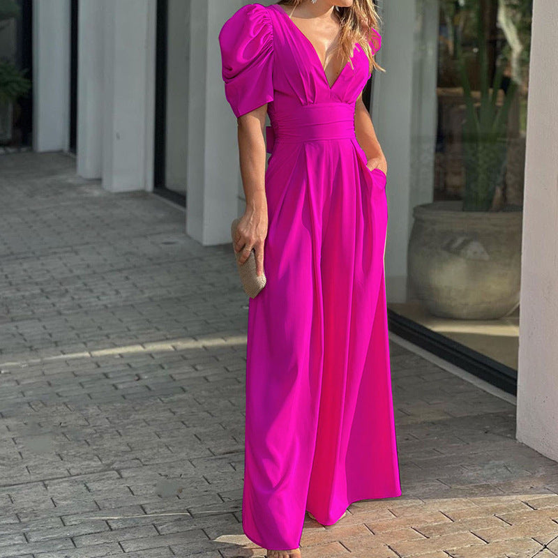 Short Balloon Sleeve Cinched Waist Deep V-Neck Wide Leg Solid Color Jumpsuit to 3X Plus Size