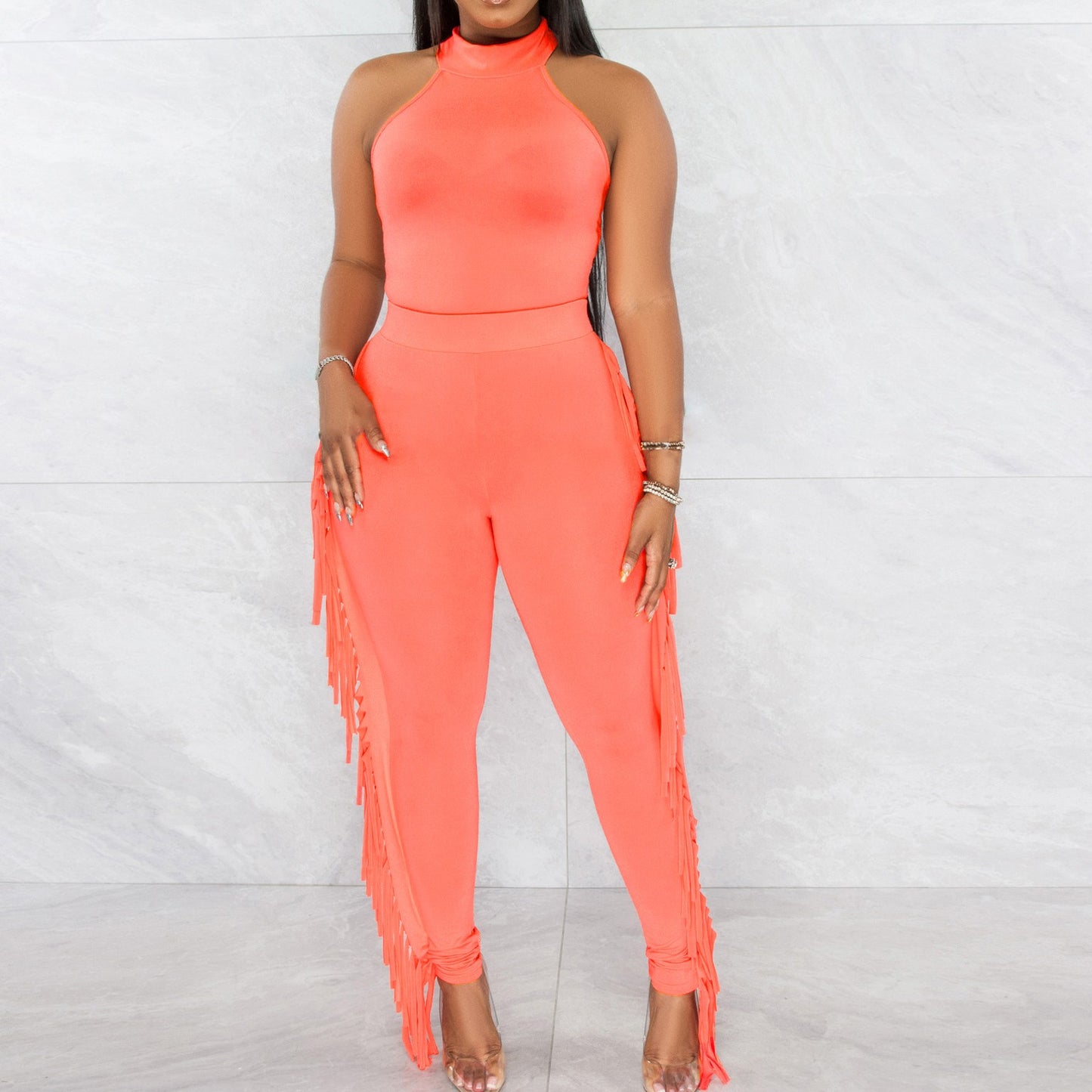 Sleeveless Solid Color Bodycon Mock Neck Women's Top + Tassel Fringe Design Leggings Solid Color 2-Piece Set