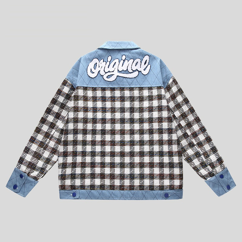 Men's Denim "Original Plaid Checker Colorblock Button-Up Letter Print Jean Jacket