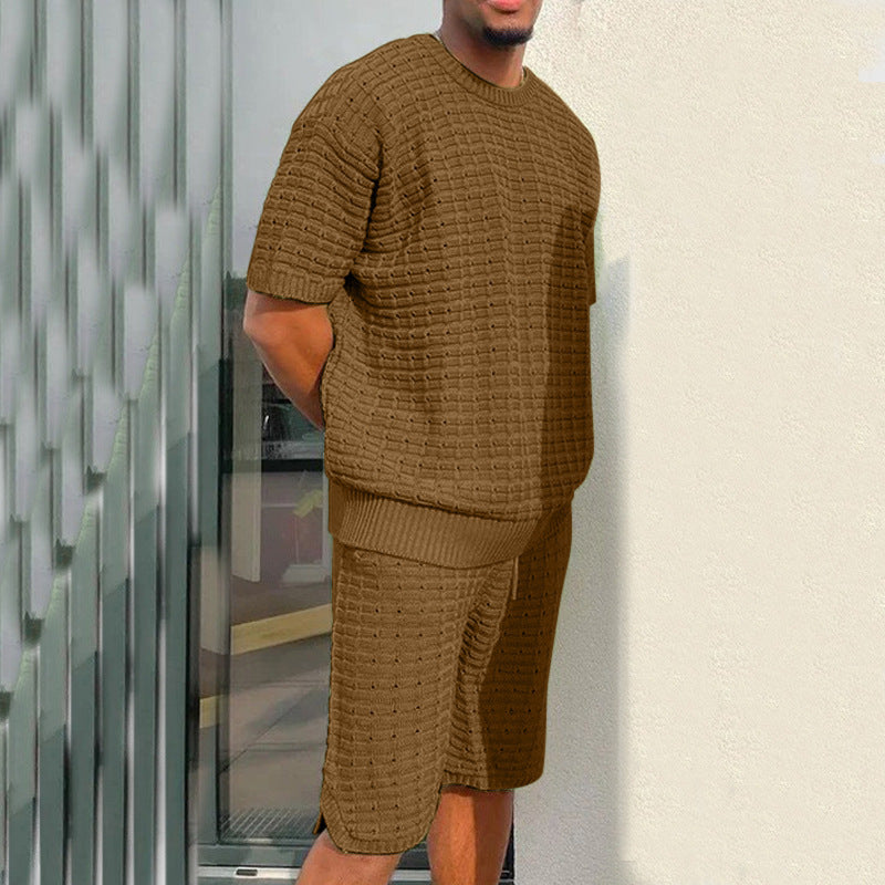 Men's Knitted Waffle Pattern Solid Color O-Neck T-Shirt w/ Shorts 2-Piece Set