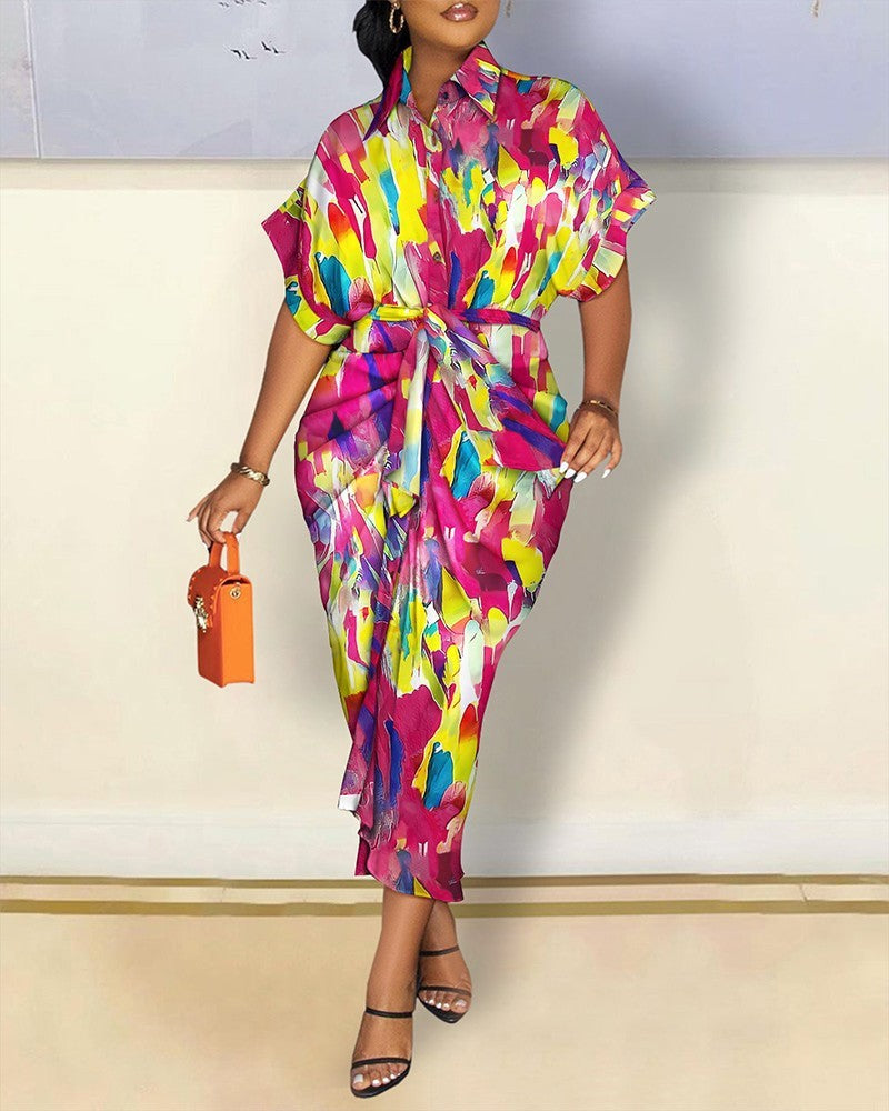 Baroque/Floral/ Geometric/Newspaper Printed Turn-Down Collar Long Sleeve V-Neck Button-Up Maxi Shirt Dress