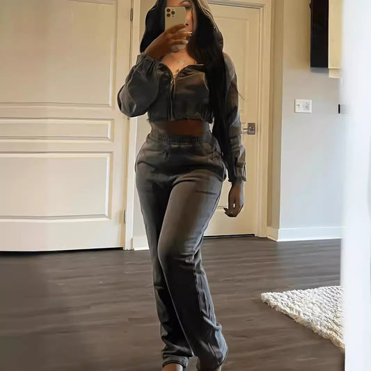 Cropped Solid Color Women's Zipper Hoodie Sweatshirt + Sweatpants Tracksuit
