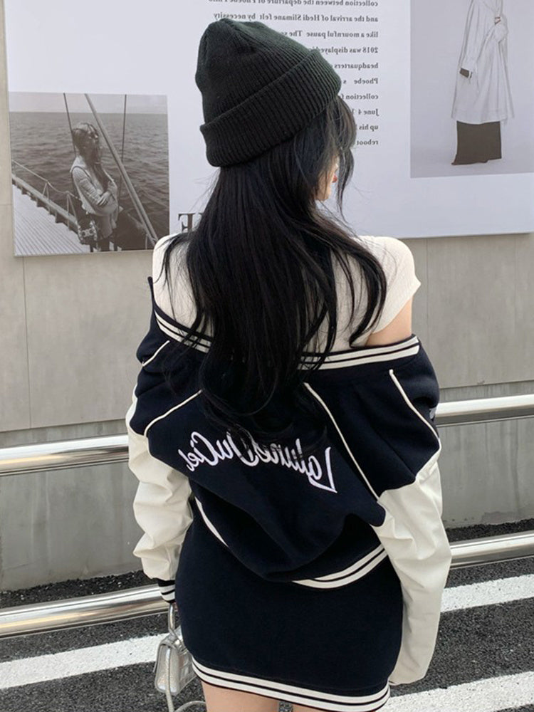 Black/White Button-Up Long Sleeve Striped Colorblock Cropped Varsity Baseball Bomber Jacket + Mini Skirt Women's 2-Piece Set to 4X Plus Size *SOLD AS SEPARATES*
