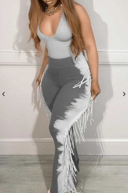 Side Tassel Fringe Design Sleeveless Women's V-Neck Skinny Jumpsuit