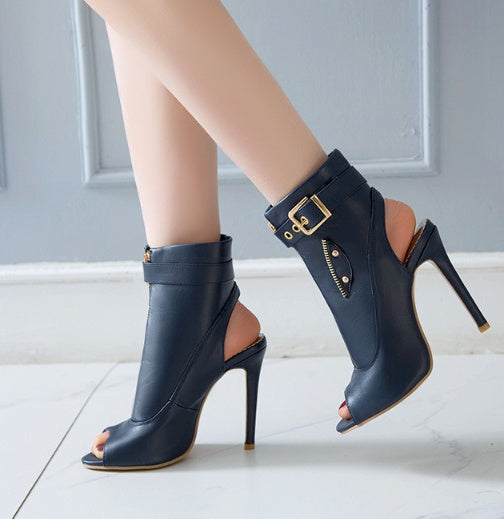 Buckle Strap Zipper Design Stiletto Heel Women's Peep Toe Ankle Boots