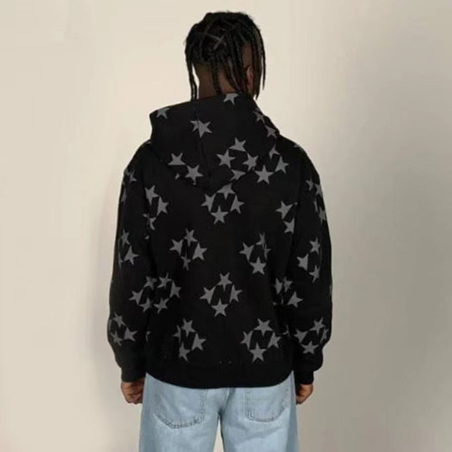 Star Print Unisex Long Sleeve Hip-Hop Zipper Hoodie Sweatshirt